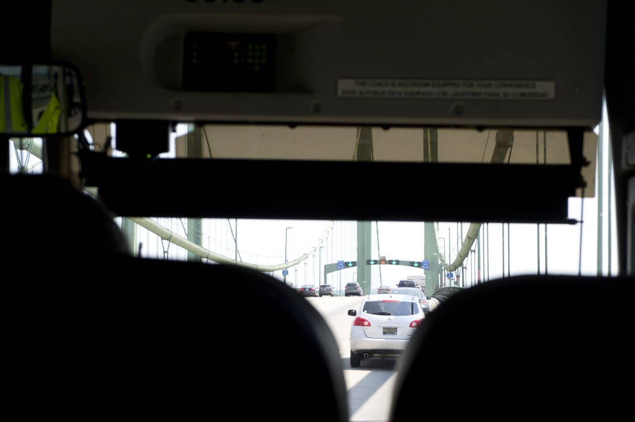 View of the bridge from inside the Greyhound coach