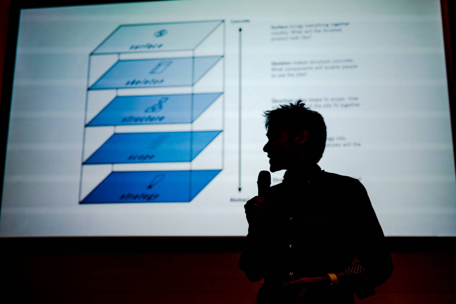 Speaking in front of the Elements of Design slide by Jesse James Garrett