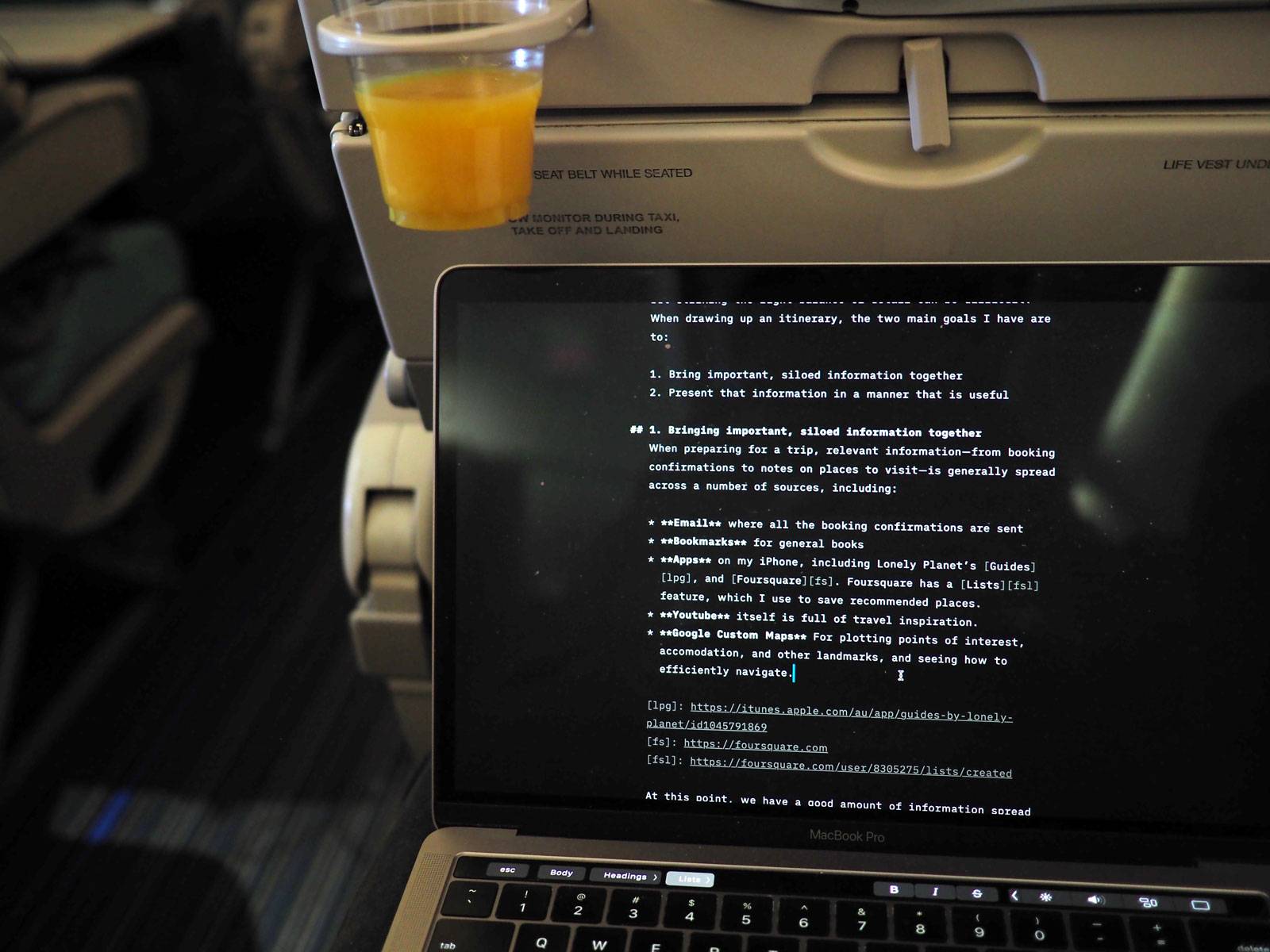 Writing about the itinerary prototype en route to Singapore